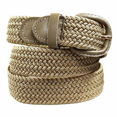Braided Elastic Stretch Belt with Genuine Leather Buckle