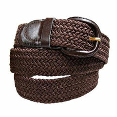 Braided Elastic Stretch Belt with Genuine Leather Buckle