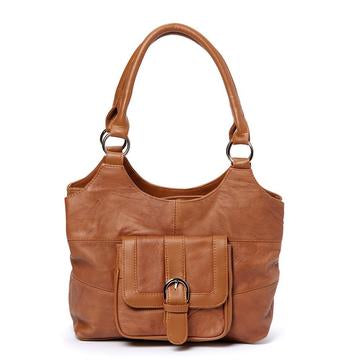 Genuine Leather 3 Compartments Ladies Handbag Tan