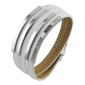White Leather Bangle w/ Silver Accents