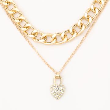 Studded Heart-Shaped Lock Layered Necklace