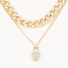 Studded Heart-Shaped Lock Layered Necklace