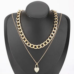 Studded Heart-Shaped Lock Layered Necklace