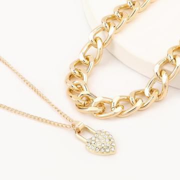 Studded Heart-Shaped Lock Layered Necklace